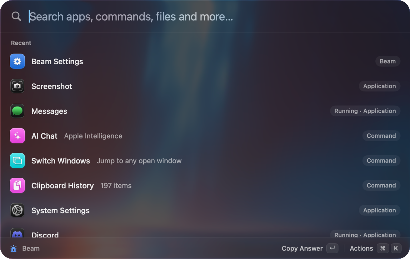 Beam launcher in dark mode