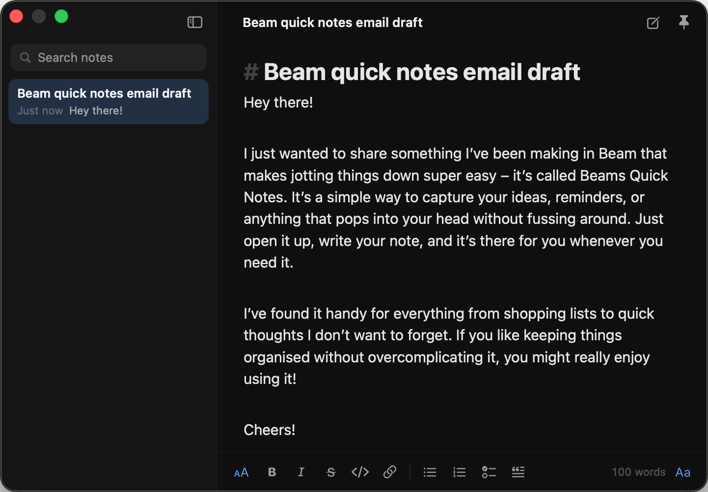 Beam Quick Notes window